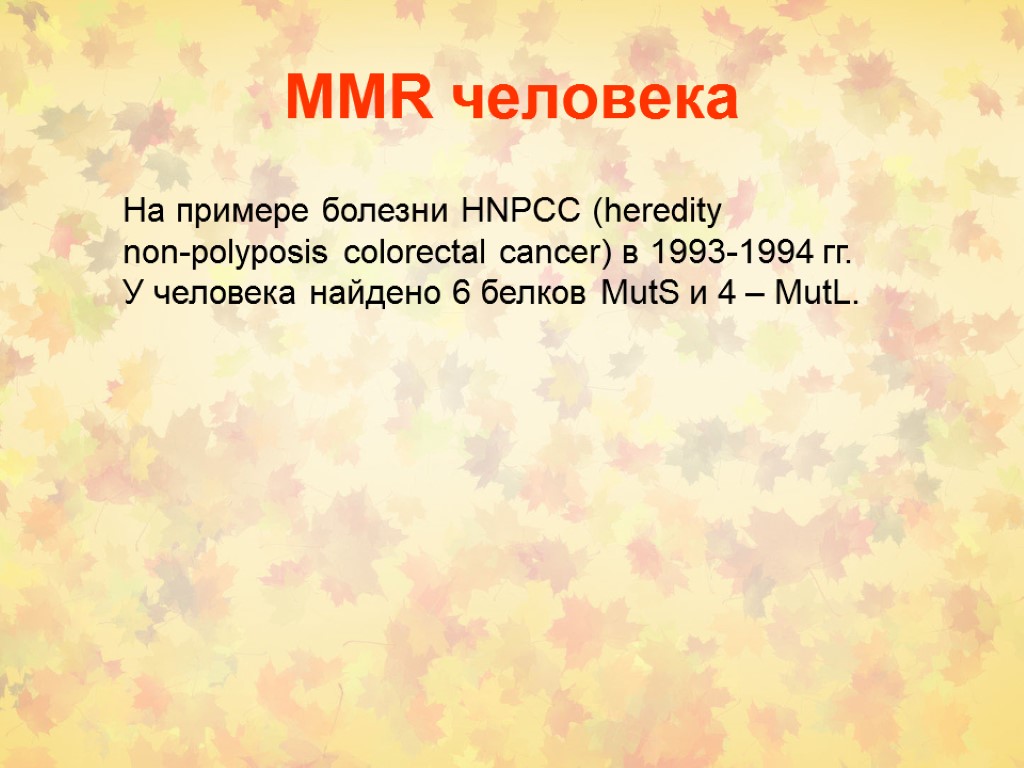MMR человека На примере болезни HNPCC (heredity non-polyposis colorectal cancer) в 1993-1994 гг. У